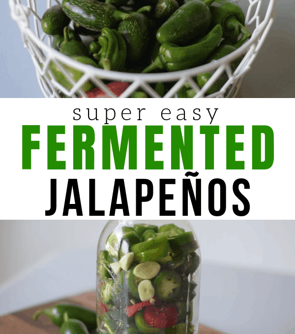 photo collage of jalapeños in a white wire basket and sliced peppers in a glass mason jar.