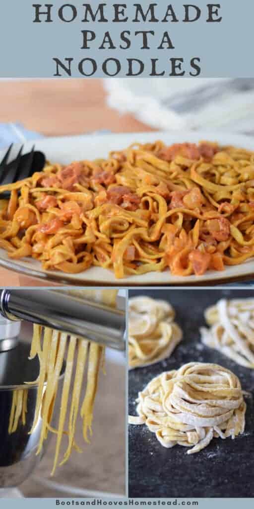 photo collage of three images of cooked pasta, rolling pasta dough, and the finished homemade pasta