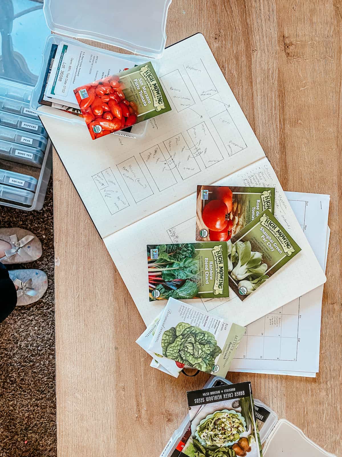 garden planning with seeds and journal.
