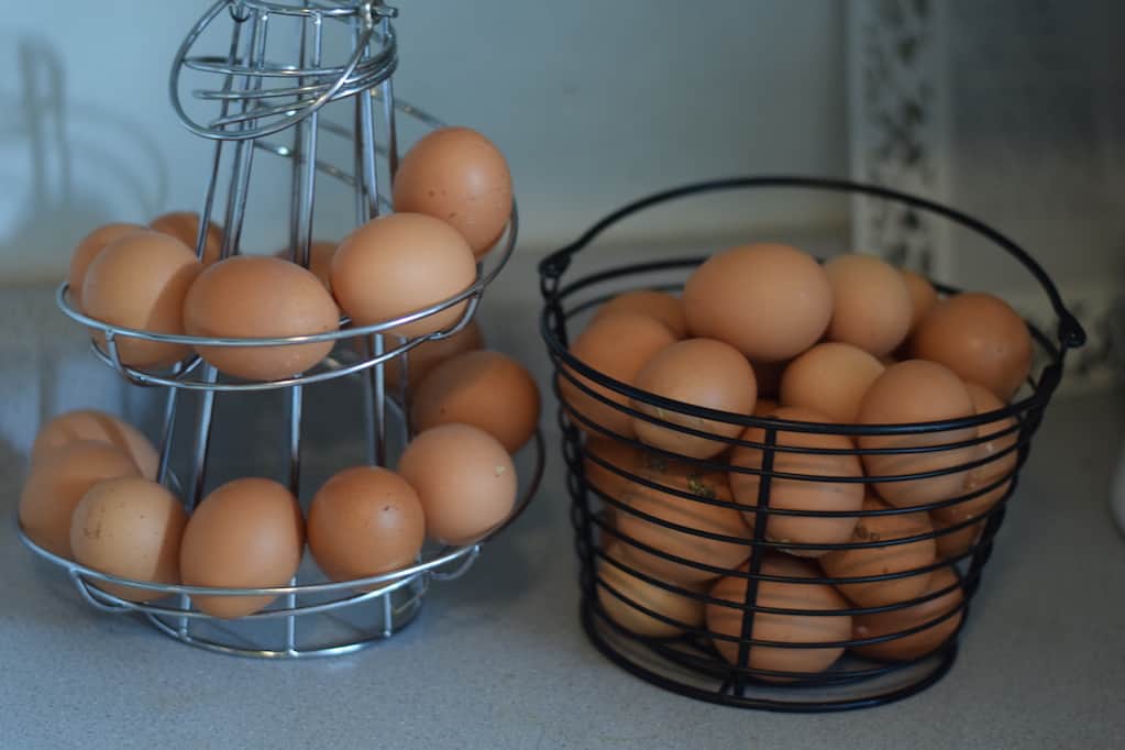 several brown eggs in a black basket and silver egg skelter sitting on a countertop