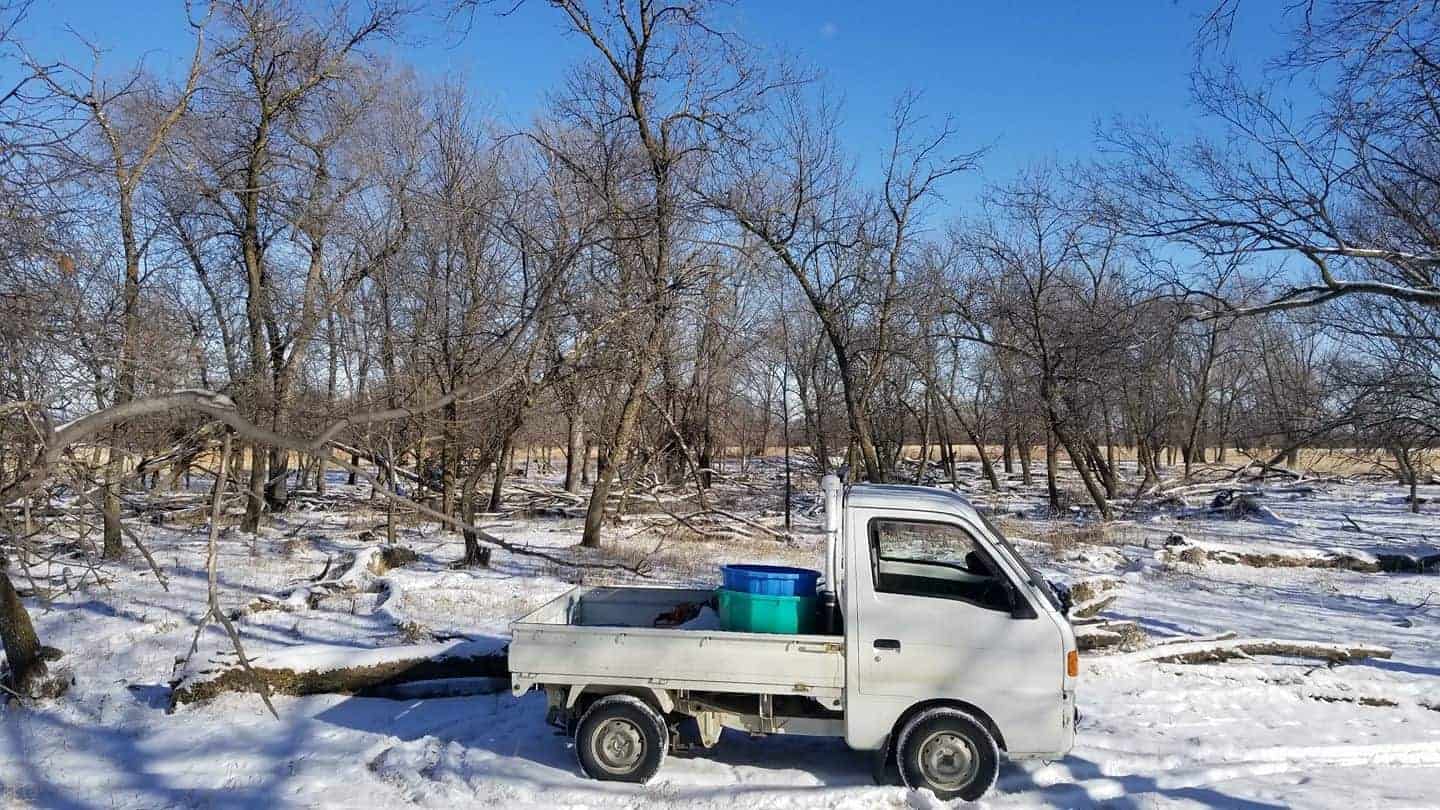 mini truck in wooded area