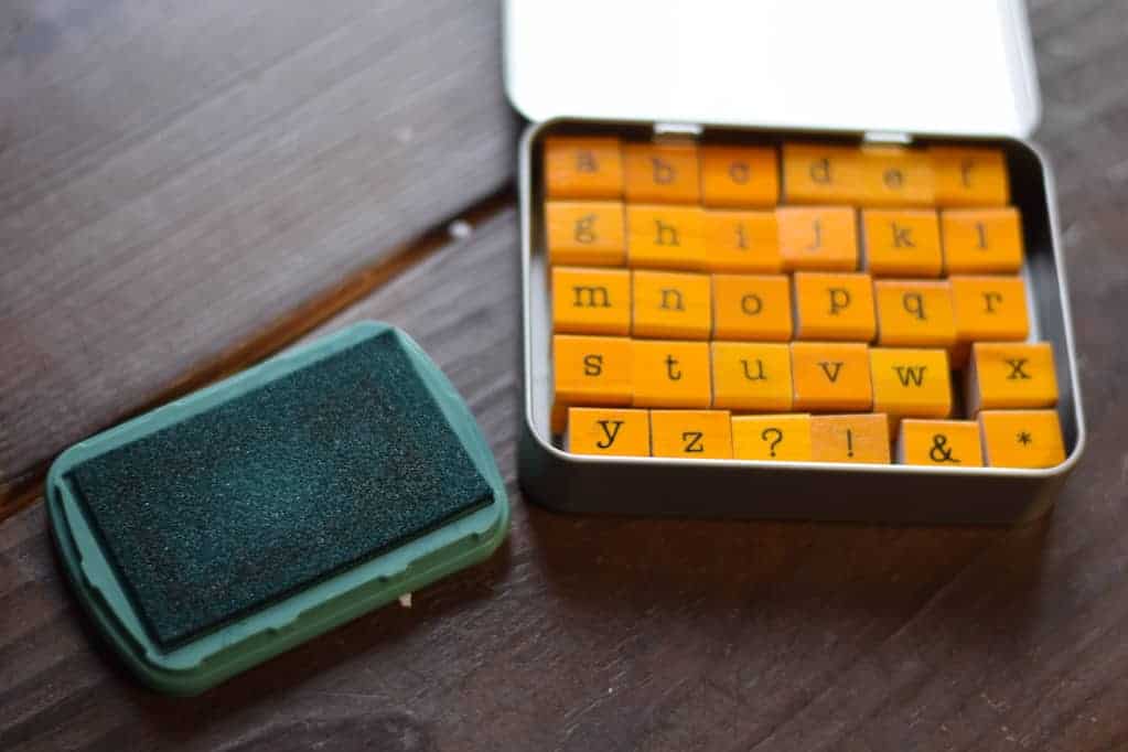 stamps and ink pad used for diy rustic herb planters