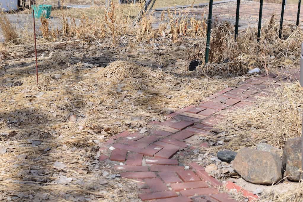 Potager garden design and brick walkway.