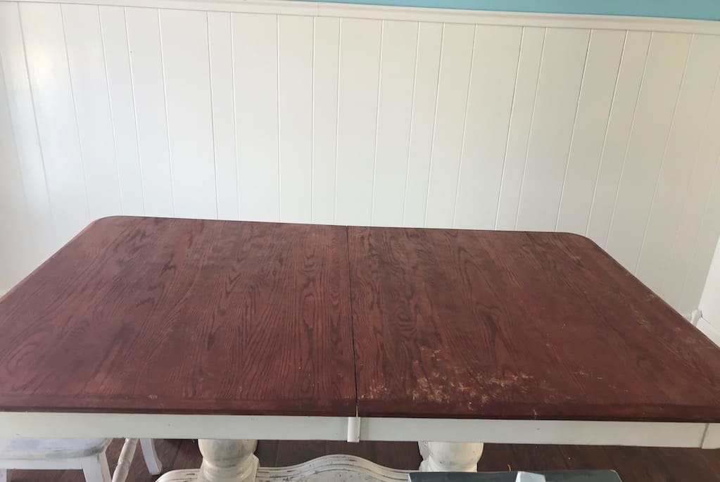 farmhouse dining room table before repainting it. 