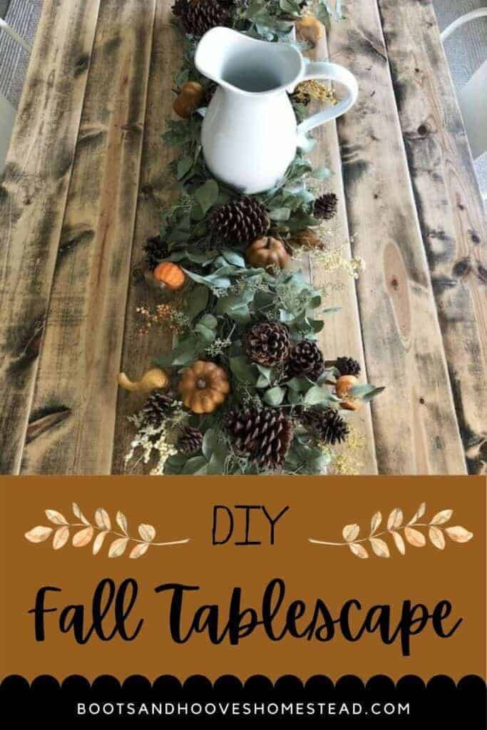 fall tablescape setting on a wooden dinner table