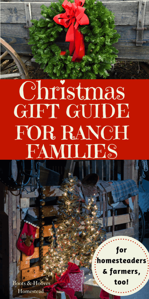 photo collage of two images. top image of a Christmas wreath on a barn door and bottom image of a Christmas tree with gifts under the tree. a Christmas gift guide for ranch families in text overlay