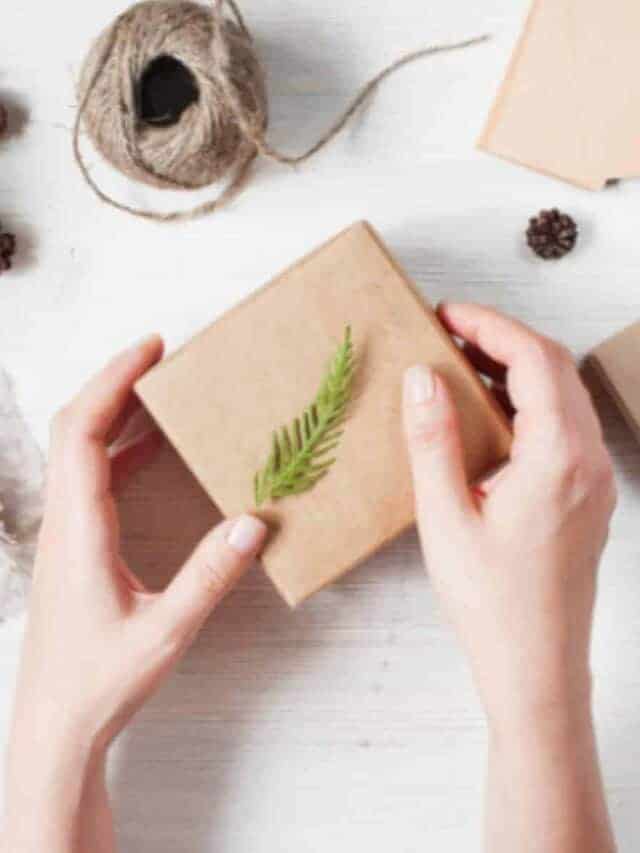 flat lay of brown gift box with twine, pine cones, and green herbs