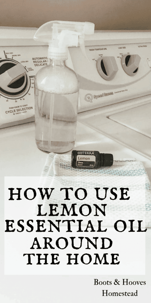 lemon essential oil, glass spray bottle on clothes dryer