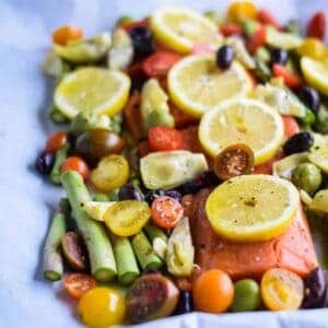 salmon and veggies on a sheet pan