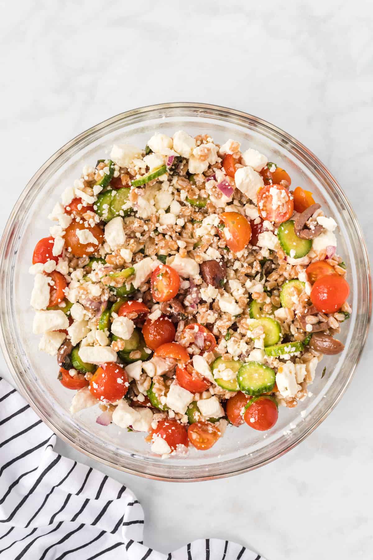 the farro salad with fresh vegetables and feta cheese