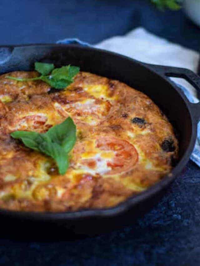 mediterranean frittata in a cast iron skillet