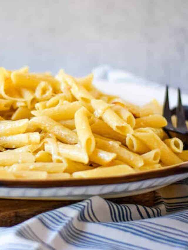 caramelized onion pasta on platter