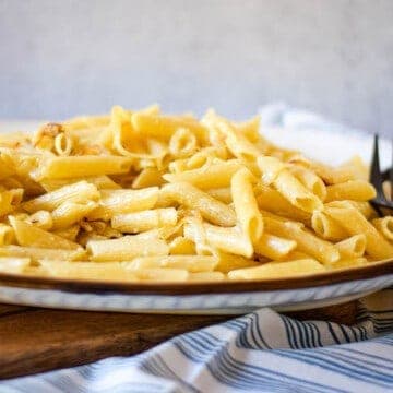 caramelized onion pasta on platter