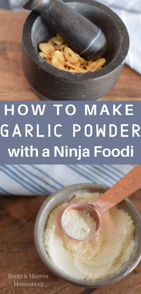 homemade garlic powder in a small bowl and a motar and pestle