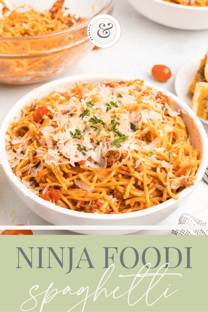 close up image of the ninja foodi spaghetti in a large white pasta bowl
