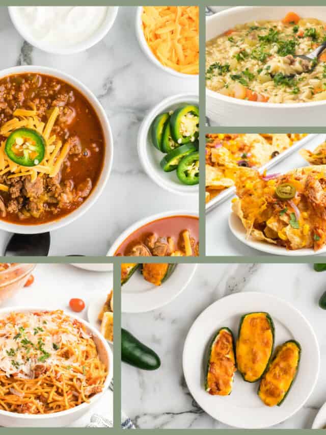 roundup collage of 5 Ninja Foodi recipes: chili, chicken soup, spaghetti, jalapeno poppers, shredded chicken nachos.