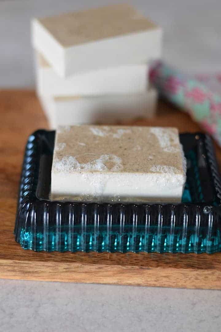 easy soap recipe with suds on a blue soap dish