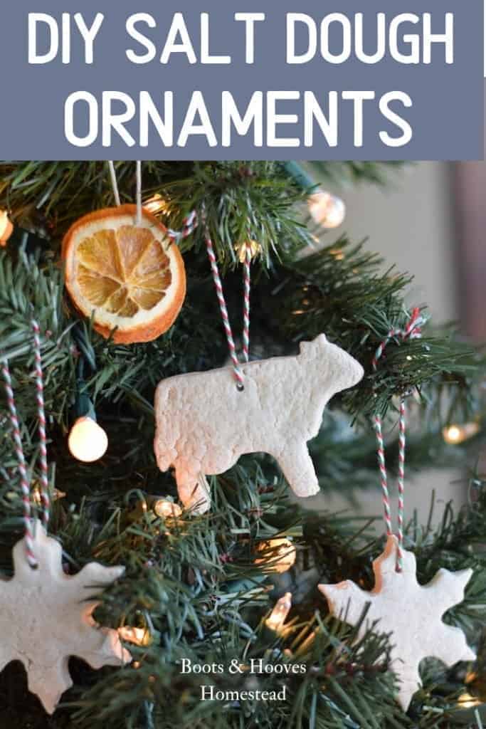 finished salt dough ornaments hanging on christmas tree