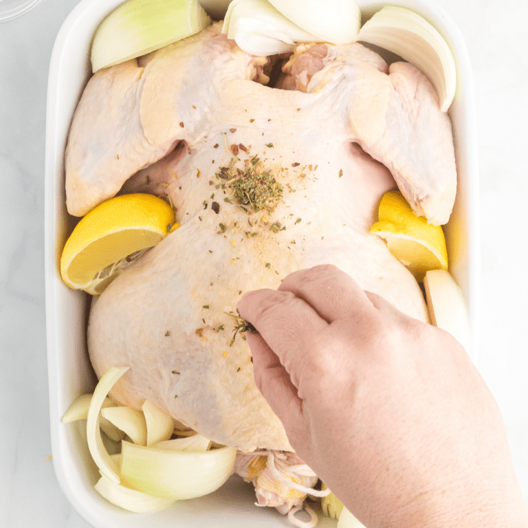 sprinkling seasonings on a whole chicken with lemons and onions to the sides and inside of a white casserole dish.