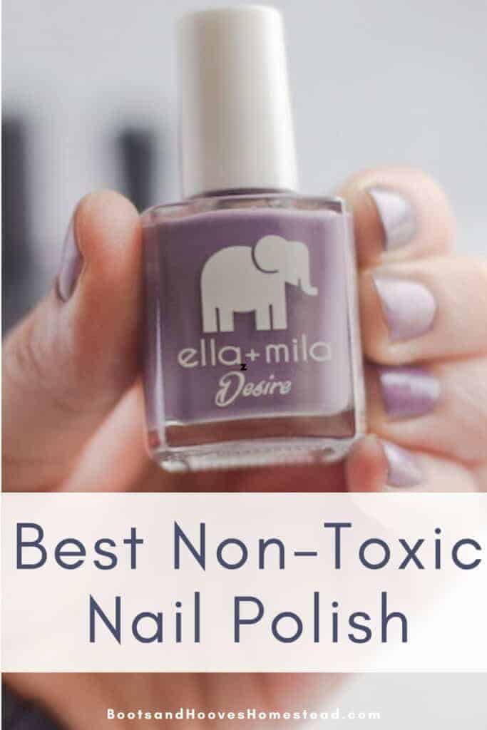 holding a lavender bottle of Ella + mila non toxic nail polish