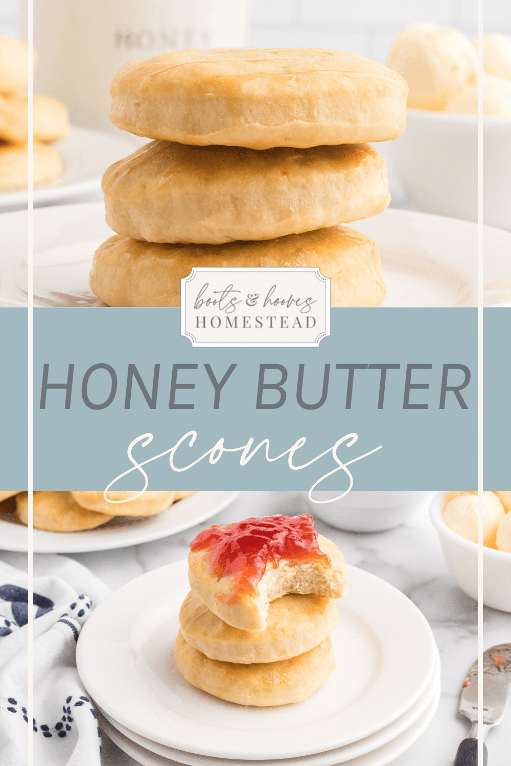 honey butter scones on white plates.