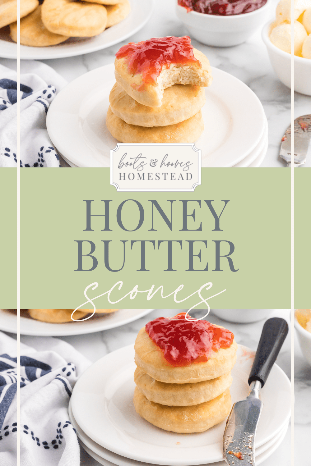 stacks of honey butter scones on white plates with strawberry jam on top.