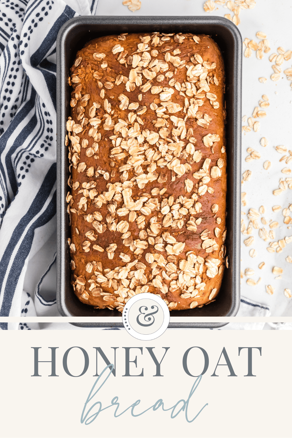 bread loaf pan with finished honey oat bread.