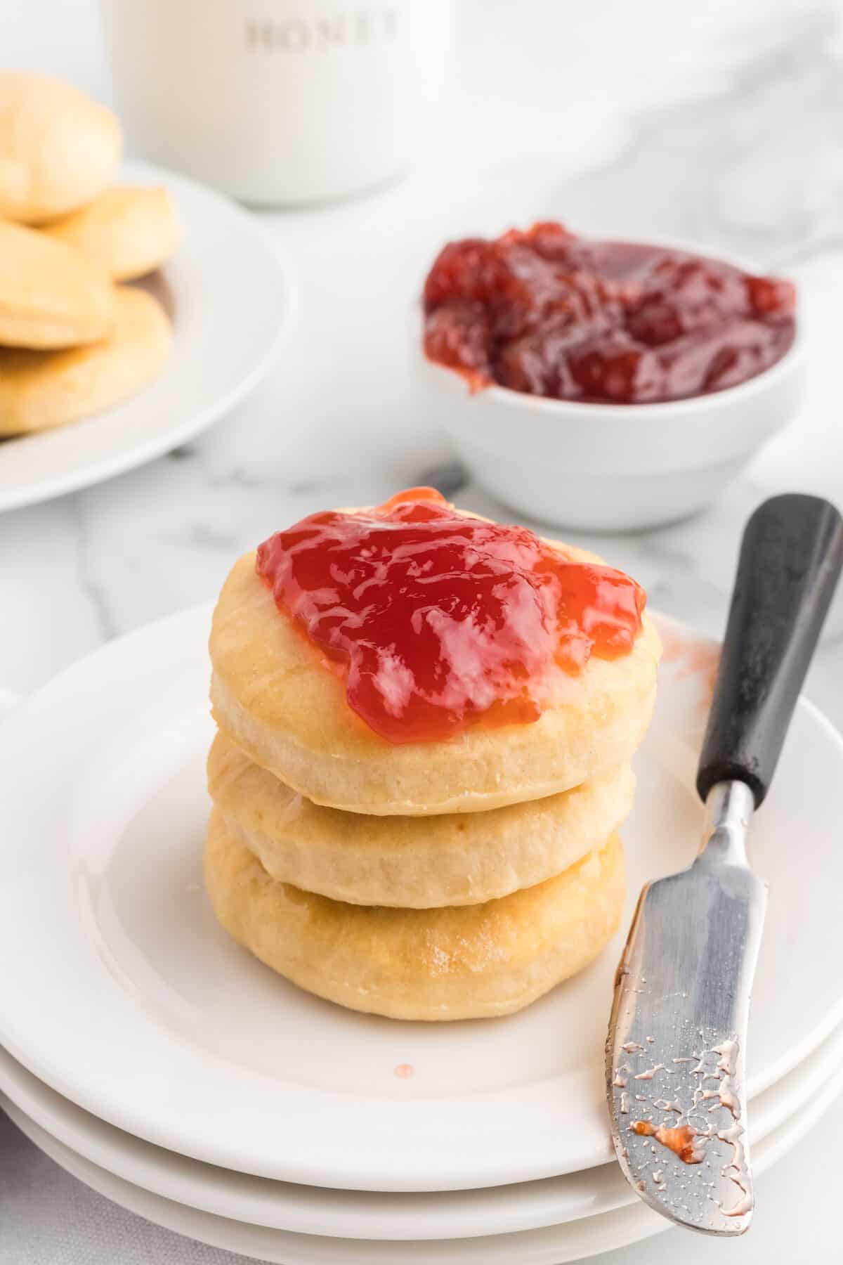 jam spread over the top of the fresh scones. 