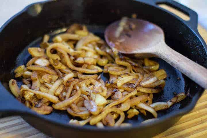 caramelizing onions in a cast iron skillet 