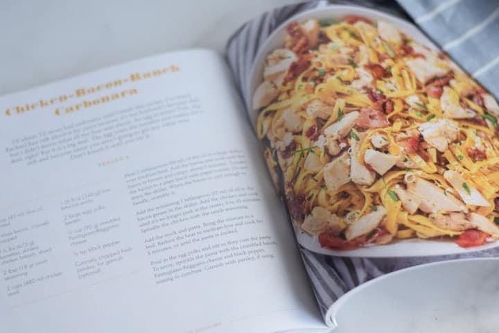 inside look of cookbook with the “Chicken Bacon Ranch Carbonara” recipe