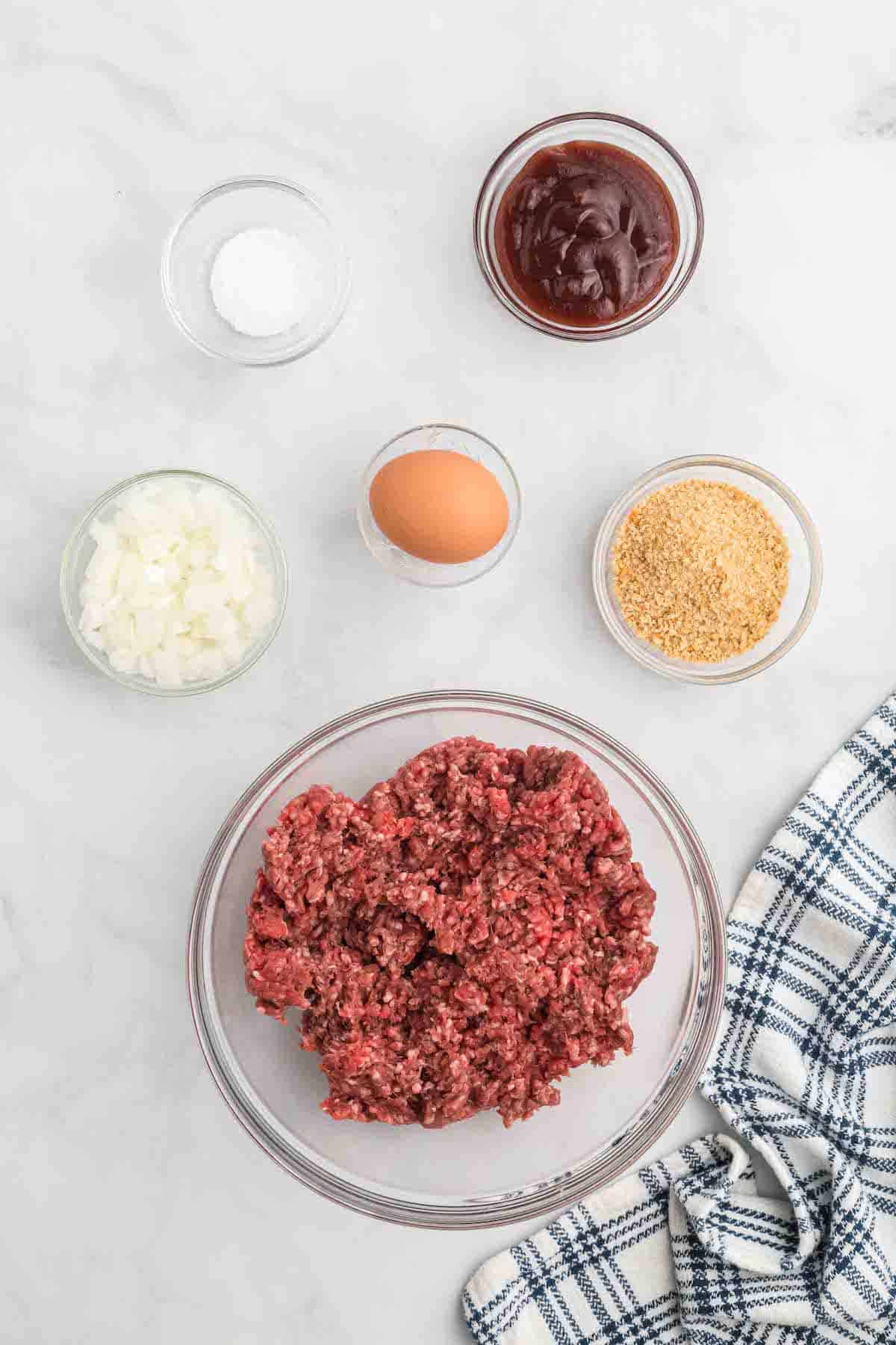 meatloaf ingredients in small glass bowls