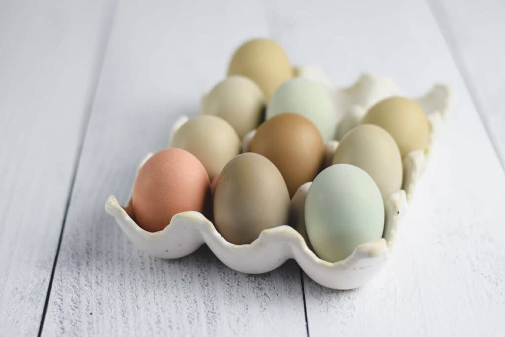 multiple colored eggs on a ceramic egg tray