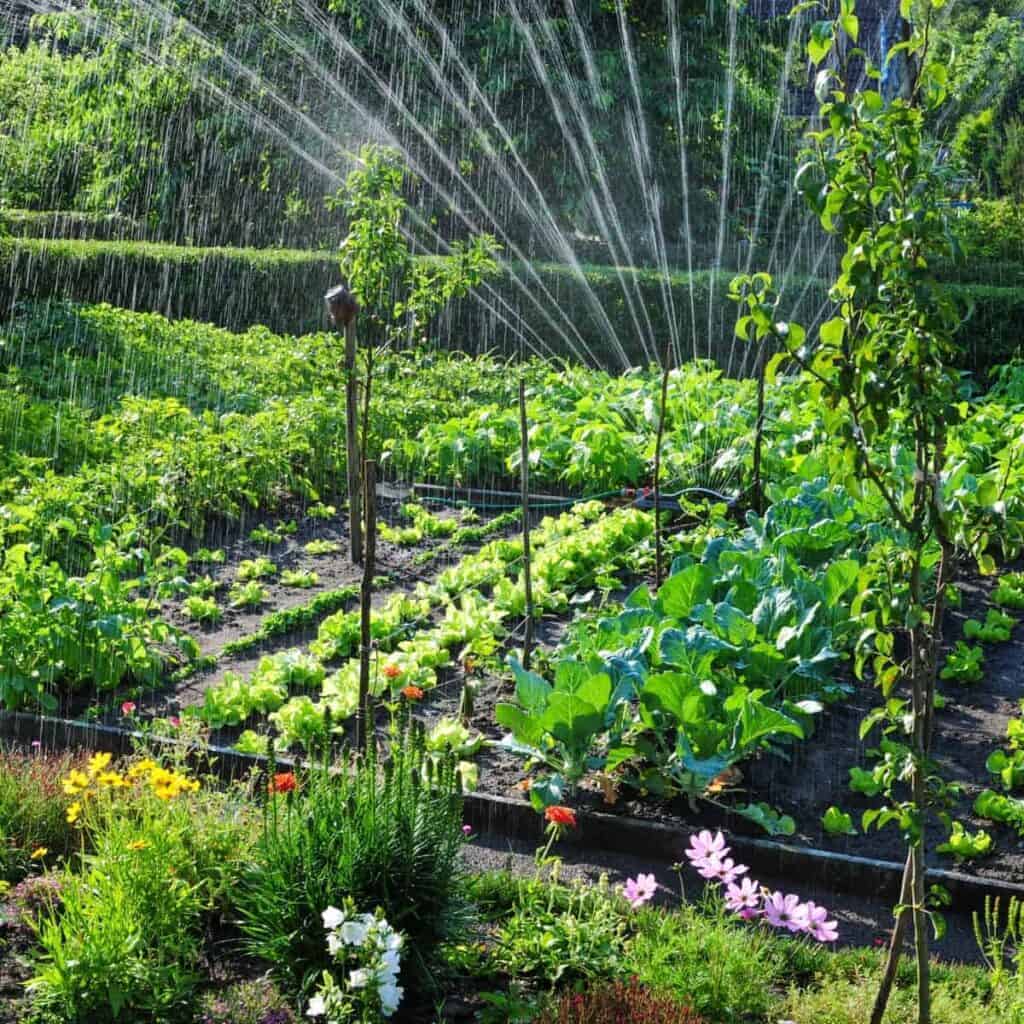 summer garden view with a variety of heat loving plants and sprinkler watering