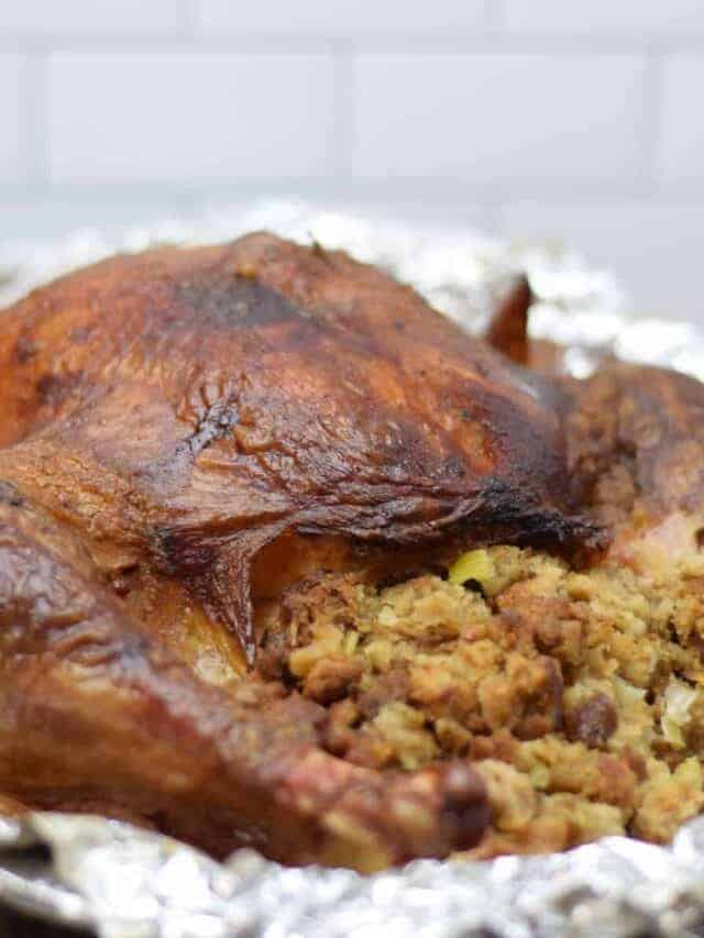 traeger turkey with stuffing in a roasting pan