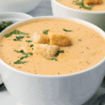 closeup of white bowl filled with creamy acorn squash soup with croutons and fresh herbs on top