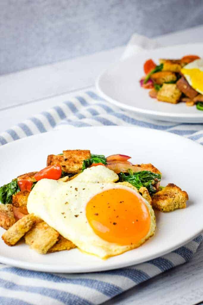 fresh plated mediterrean breakfast panzanella on a white plate