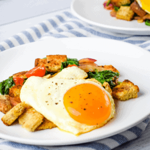 fresh plated mediterrean breakfast panzanella on a white plate