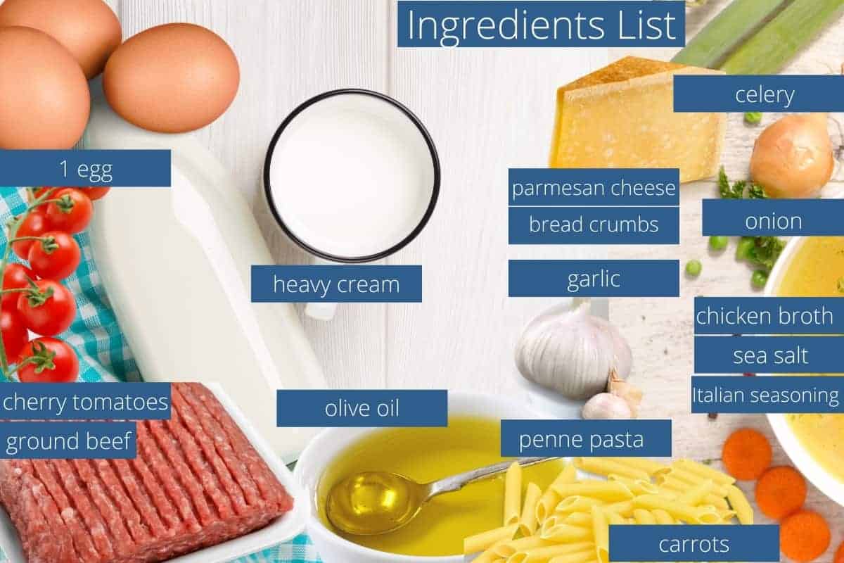 creamy meatball soup ingredient list with blue labels.