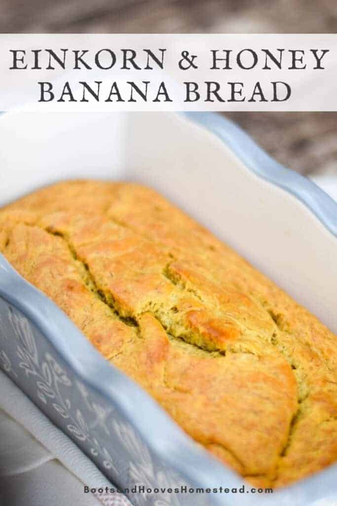 einkorn banana bread in gray loaf pan