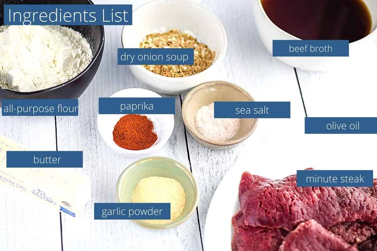 ingredients flat lay and list for the crock pot minute steak recipe