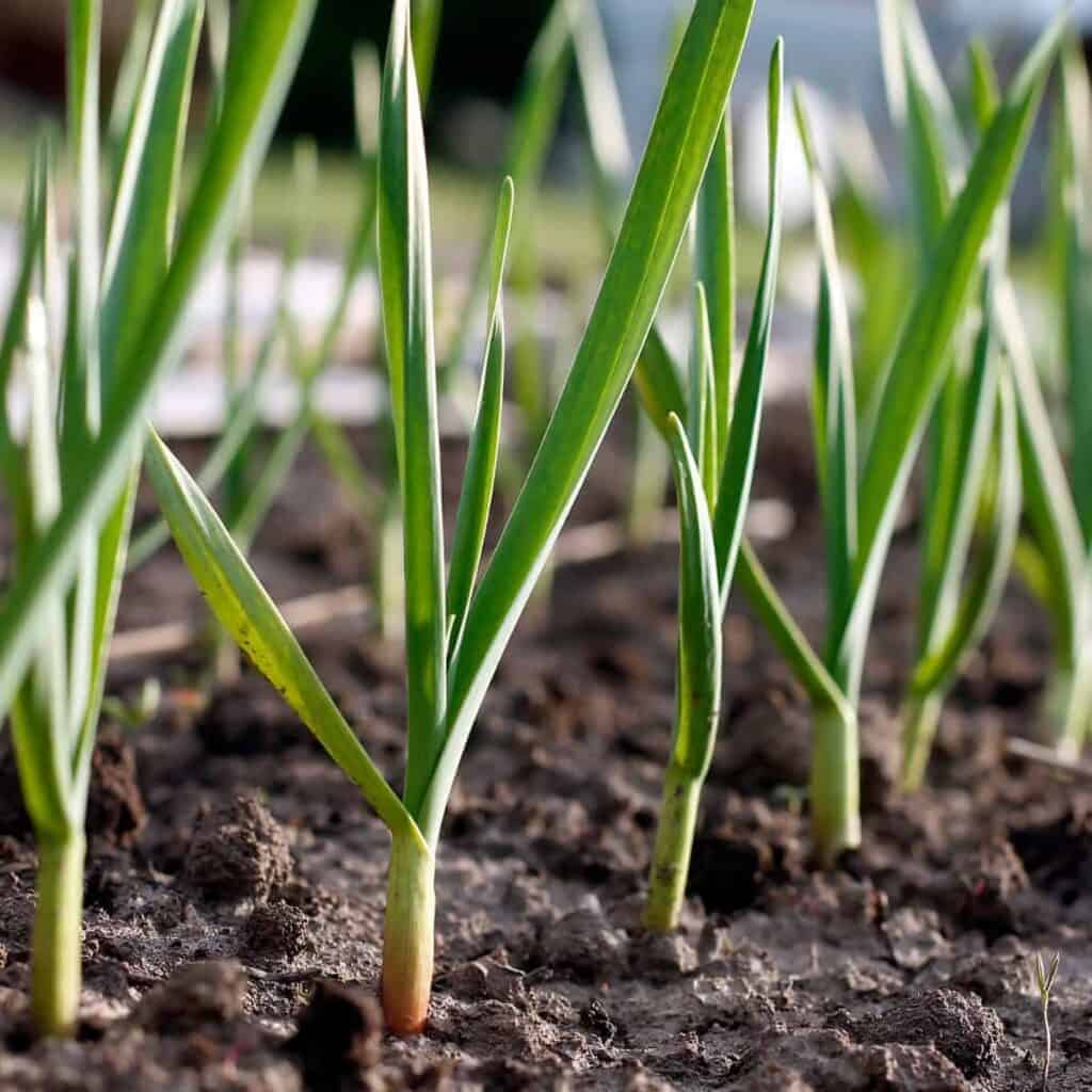 grows of garlic plants in the garden