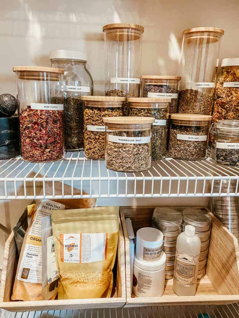 dried herbs in storage jars with labels