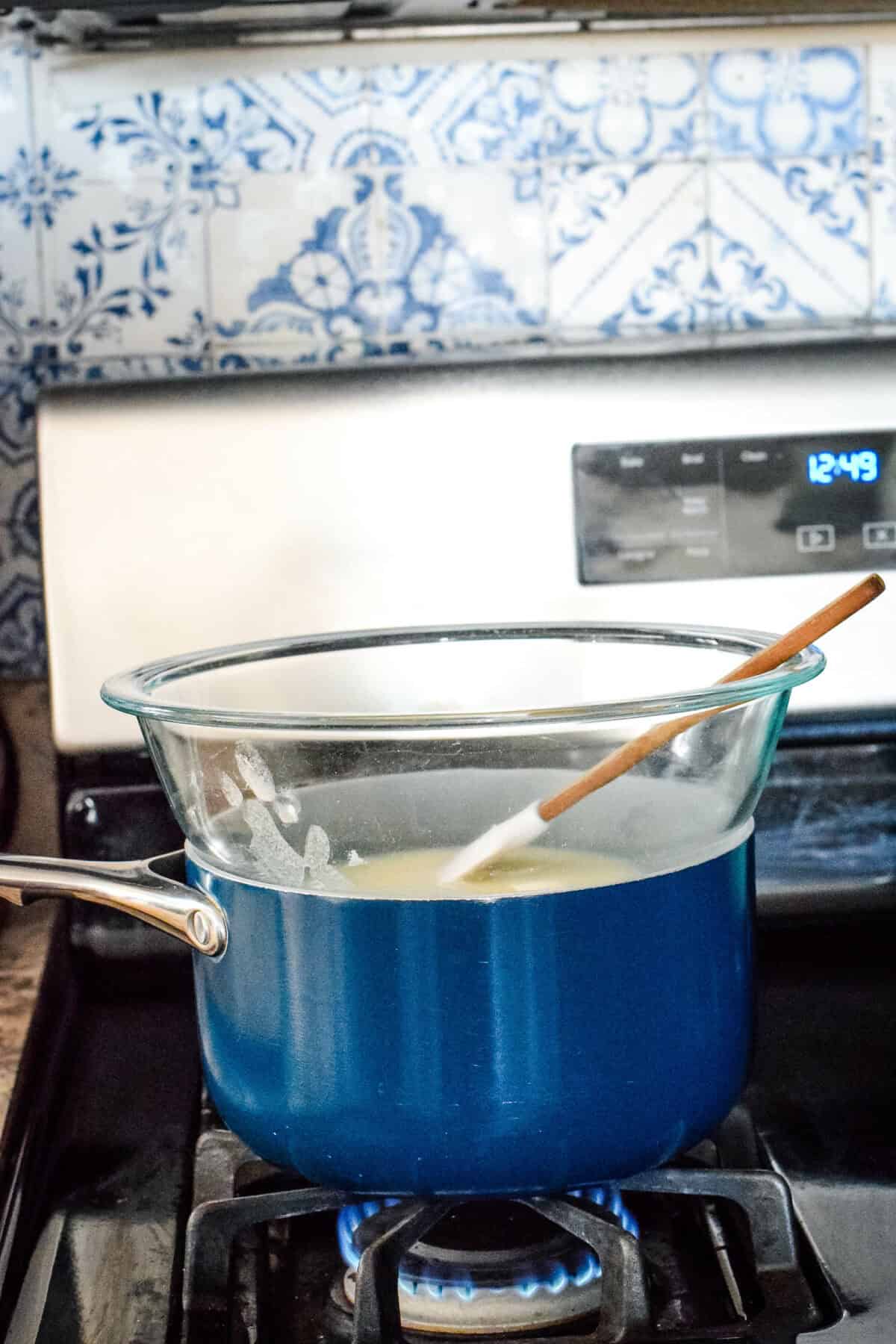 setting up double boiler to make the homemade natural deodorant. 