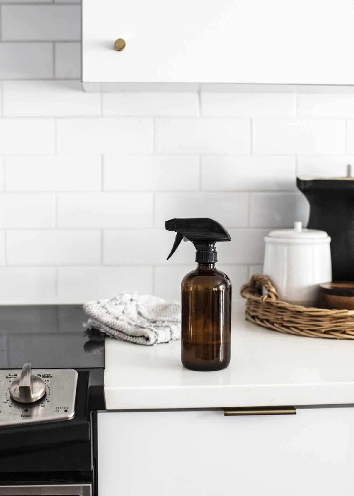 glass spray bottle on the counter.