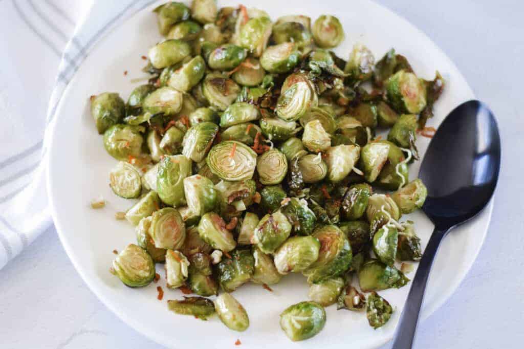 roasted Brussels sprouts on a white plate