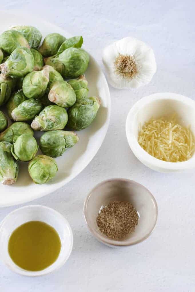 ingredients laid out for this roasted Brussels sprouts recipe 