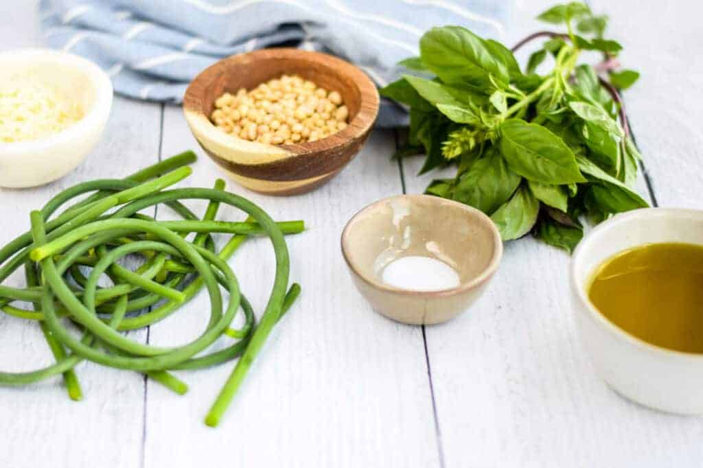 ingredients for garlic scape pesto