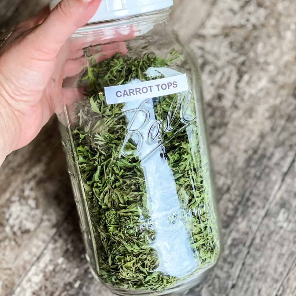 large mason jar filled with dehydrated carrot tops
