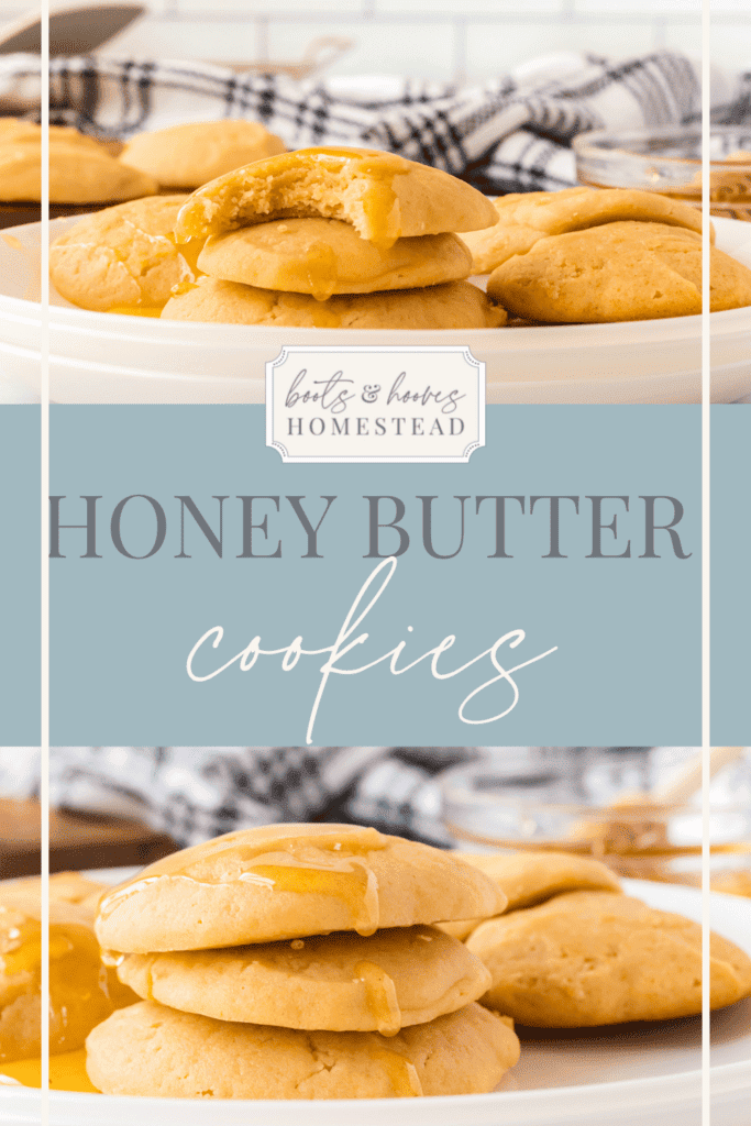 two images of honey butter cookies on a white plate with drizzles of fresh honey on top