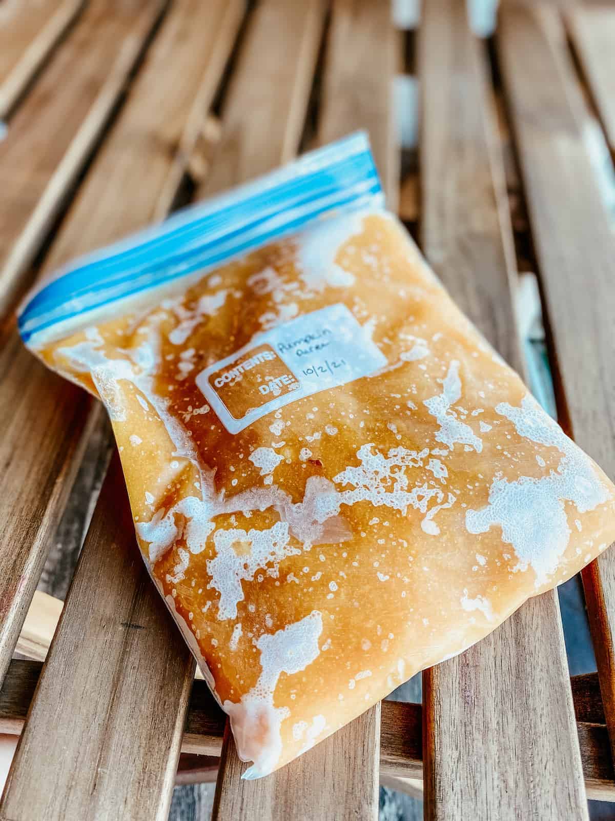 frozen pumpkin puree in freezer bag
